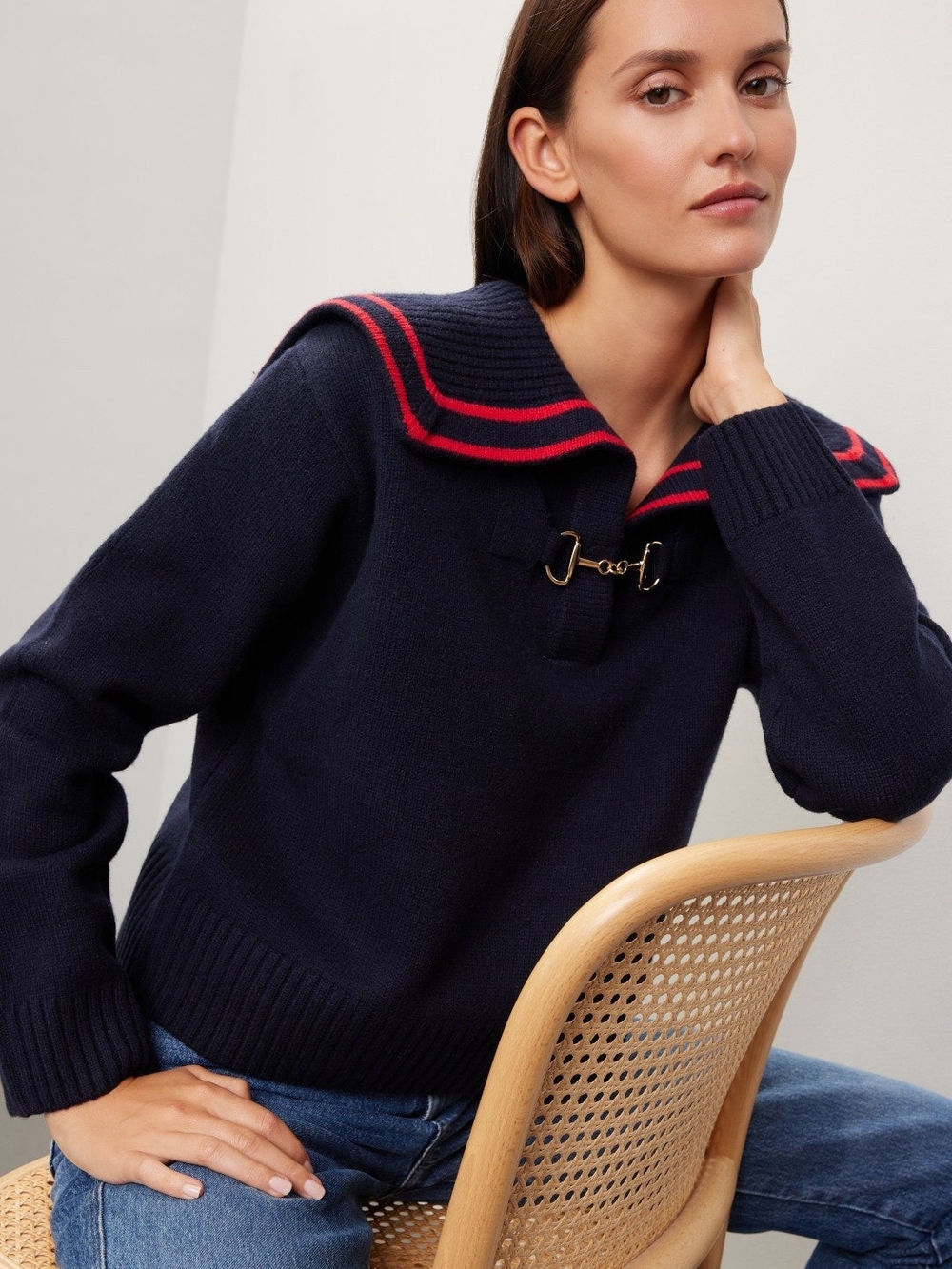 Sandro Navy Sailor Collar Sweater with Red Trim, M